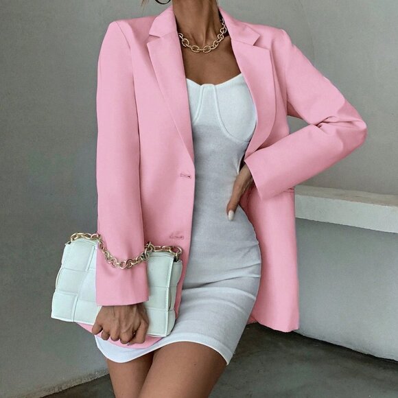 Pink Casual Womens Solid Single Breasted Blazer Workwear - Picture 4 of 5